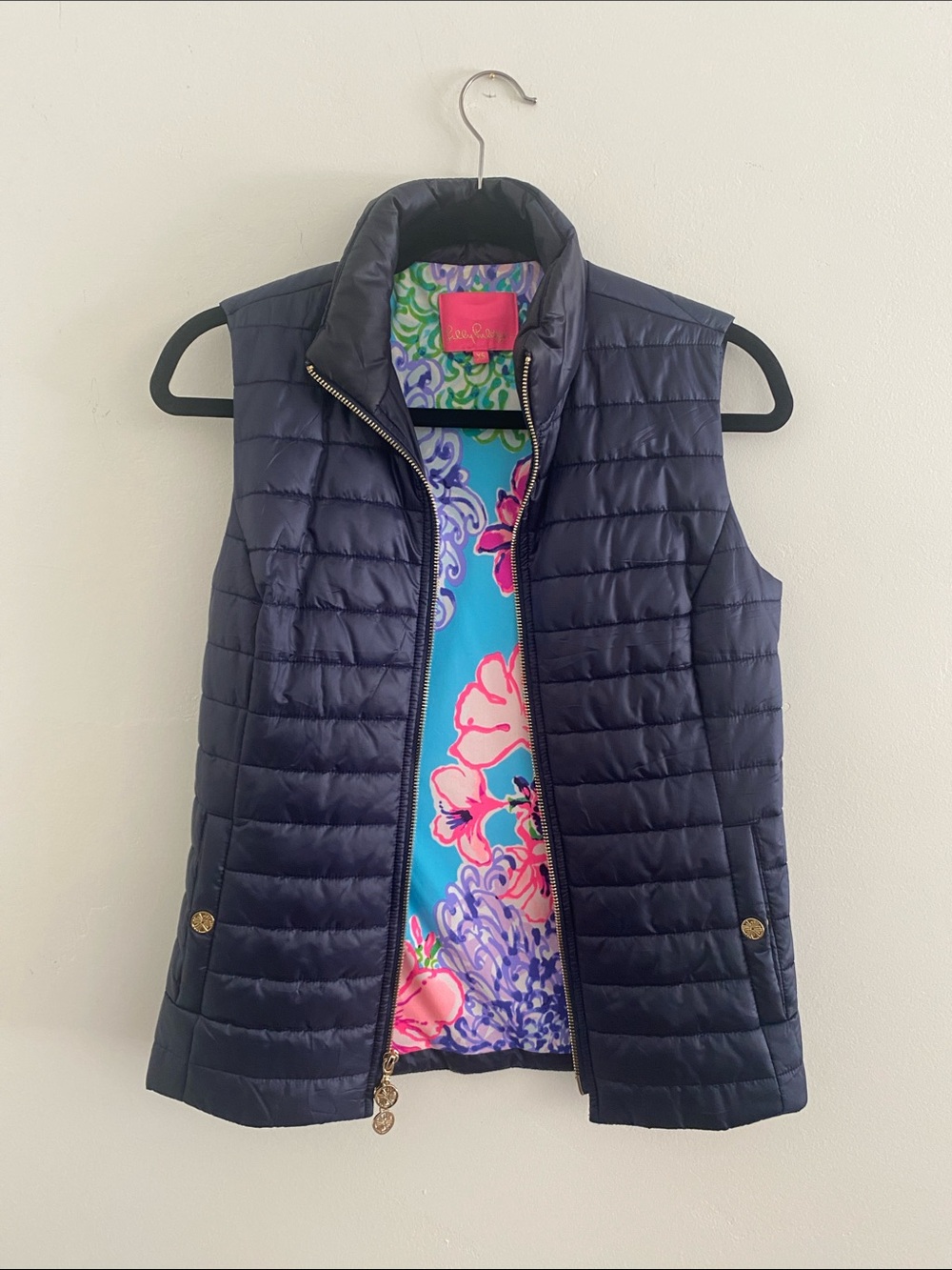Lilly Pulitzer Navy Packable Quilted Vest with Floral Lining